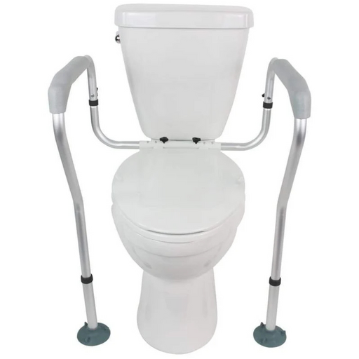 The Vive Health Toilet Safety Rail with Legs offers a universal fit and features sturdy metal rails with rubber grips on either side for enhanced bathroom stability and reliable support. Securely attached to the toilet base, it provides extra assistance to users.