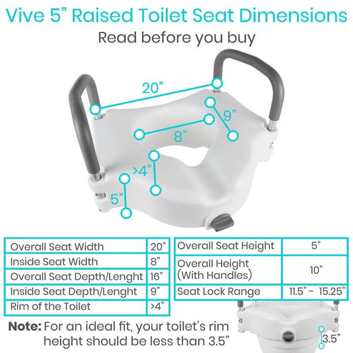 Diagram of the Vive Health Raised Toilet Seat with Handles - 5 Riser: features overall width 20, height 5, depth 16, handle width 9, fits rim heights from 11 to 15.25. Includes padded handles and a lock for bathroom safety on rims above 3.5.