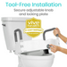 A person shows installing a Vive Health Raised Toilet Seat with Handles - 5 Riser, featuring gray handles, a secure adjustable knob, and ergonomic design for bathroom safety. The image highlights tool-free installation and includes a Vive Health 2-4 Day Shipping Guarantee badge.