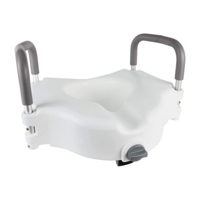 The Vive Health Raised Toilet Seat with Handles is a white, durable plastic seat with gray padded handles for bathroom safety. It features tool-free assembly and a front lock for secure attachment, providing enhanced comfort and accessibility.