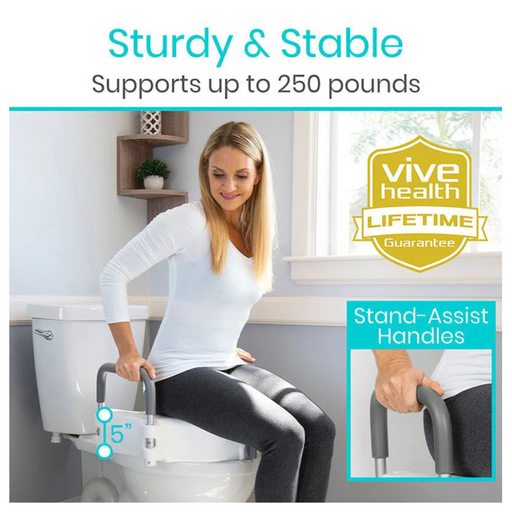 A woman demonstrates the ergonomic design of a Vive Health 5 Riser, sitting on a raised toilet seat with stand-assist handles for safety. Text reads, Sturdy & Stable Supports up to 250 pounds, featuring a Vive Health Lifetime Guarantee badge. An inset shows the handle grip close-up.