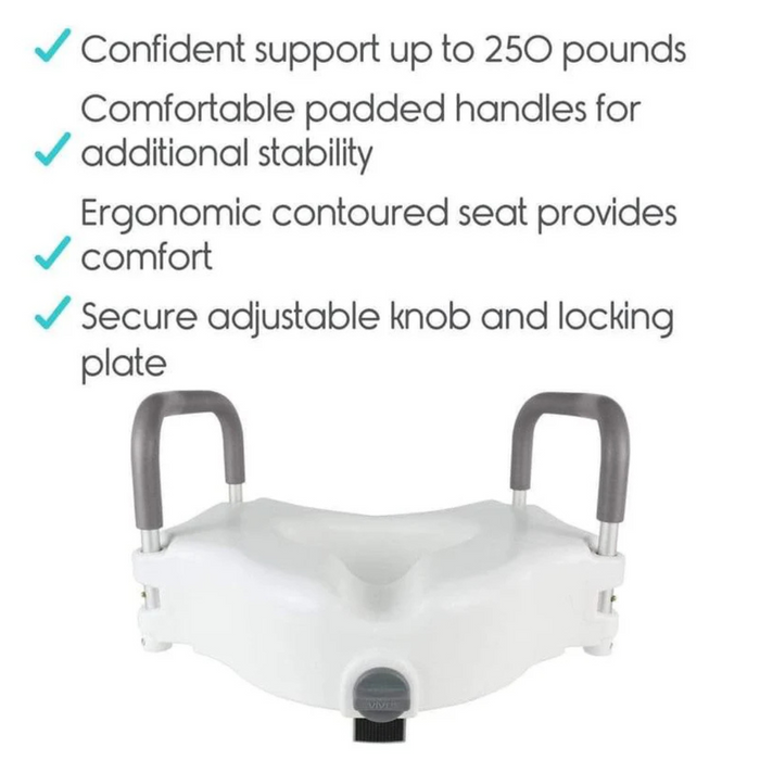 Image of the Vive Health Raised Toilet Seat with Handles - 5 Riser. Text highlights features: supports up to 250 lbs, ergonomic padded handles, adjustable knob, and locking plate for stability, ensuring bathroom safety and ease.