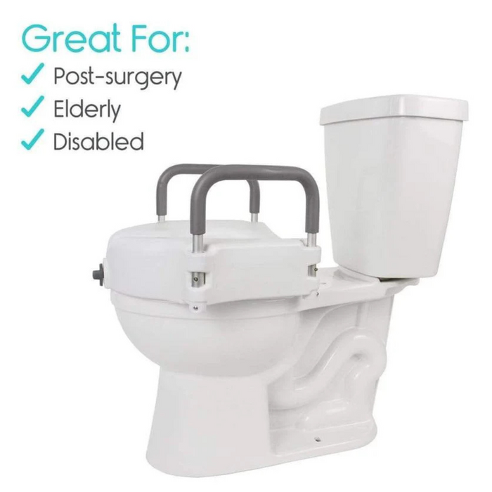 The Vive Health Raised Toilet Seat with Handles offers a 5 riser designed for ergonomic bathroom safety and accessibility, ideal for post-surgery, elderly, or disabled users needing comfort and support.