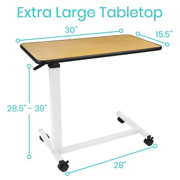 The Vive Health Rolling Overbed Table features a 30 x 15.5 tabletop, white frame adjustable from 28.5 to 39, and four locking wheels for easy mobility.