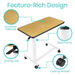 A graphic showcases the Vive Health Rolling Overbed Tables feature-rich design with a laminate tabletop, steel frame, and locking tab. Locking wheels ensure stability while height adjustments enhance versatility. Circular insets highlight and label various parts for clarity.