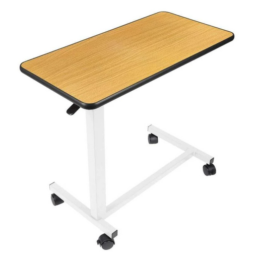 The Vive Health Rolling Overbed Table is a small, rectangular wooden tabletop with black edging on a white metal frame. It features locking wheels for stability and convenient height adjustments via a side lever.