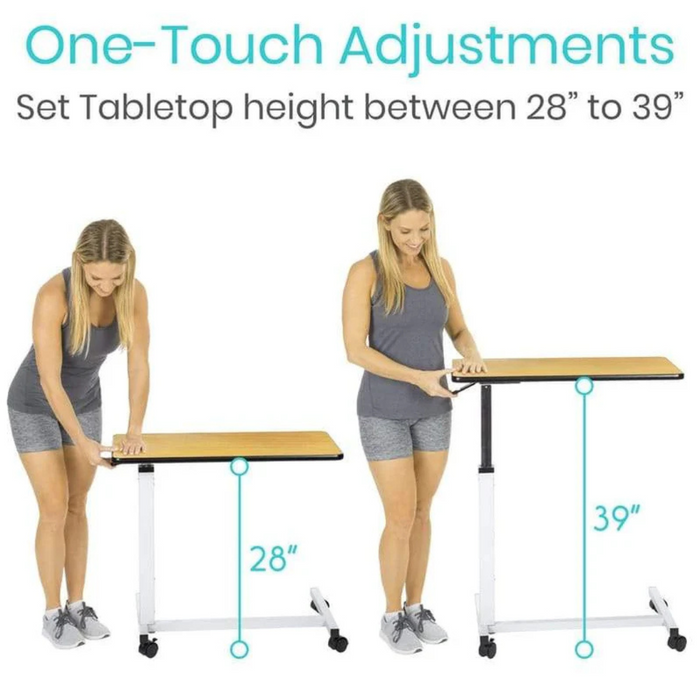 A person demonstrates the Vive Health Rolling Overbed Table, showcasing its height adjustment from 28” to 39”. It features a wooden top, white metal frame, and locking wheels. The text reads One-Touch Adjustments for setting the tabletop height.