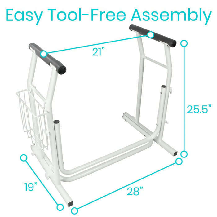 The Vive Health Stand Alone Toilet Safety Rail is freestanding and made of white metal with black handles. It features tool-free assembly, a side magazine holder, and measures 21W x 28D x 25.5H.