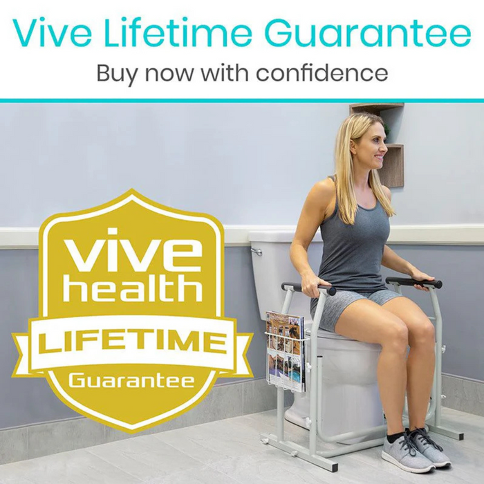 A woman confidently uses the Vive Health Stand Alone Toilet Safety Rail, featuring a freestanding design and support handles. Text reads, Vive Lifetime Guarantee. Buy now with confidence, next to a yellow shield with Vive Health Lifetime Guarantee, emphasizing toilet safety and reliability.