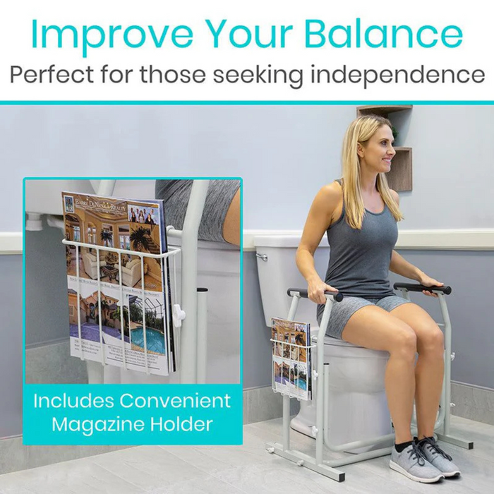 A woman uses a Vive Health Stand Alone Toilet Safety Rail with handlebars, featuring a magazine holder. The text reads, Enhance Your Balance - Perfect for Independence and Includes Convenient Magazine Holder. Enjoy effortless assembly without tools for added convenience.