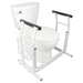 The Vive Health Stand Alone Toilet Safety Rail is a lightweight, portable white toilet safety frame. It includes padded armrests, a side basket, and a freestanding design that offers tool-free assembly for stability and support for those with mobility challenges.