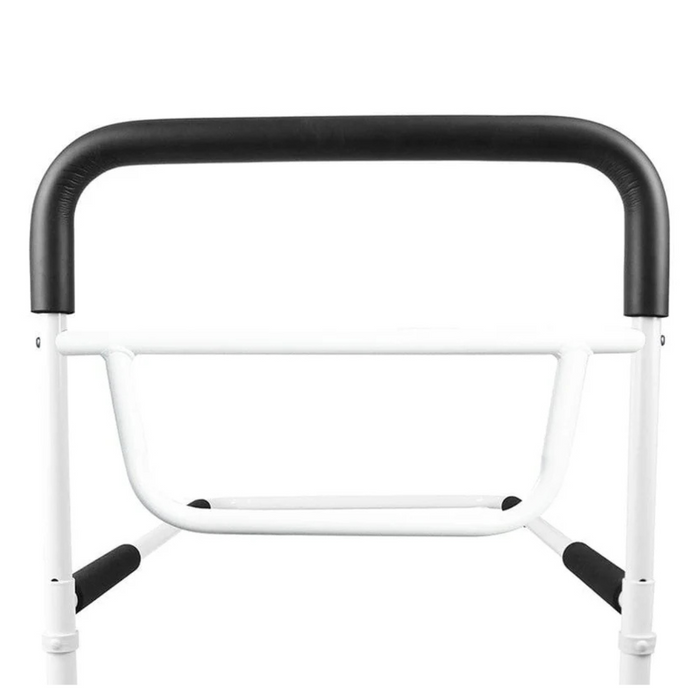 The Vive Health Bed Rail offers a sturdy, height-adjustable white metal rail with a black foam grip, ensuring bedside assistance and support. It features non-slip stability for safe entry and exit from bed.