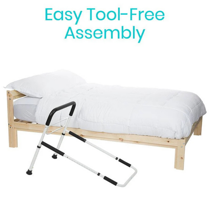 A wooden bed with white bedding has the Vive Health Bed Rail - Height Adjustable in black and white attached to the side for personalized comfort. Above, the text reads Easy Tool-Free Assembly.