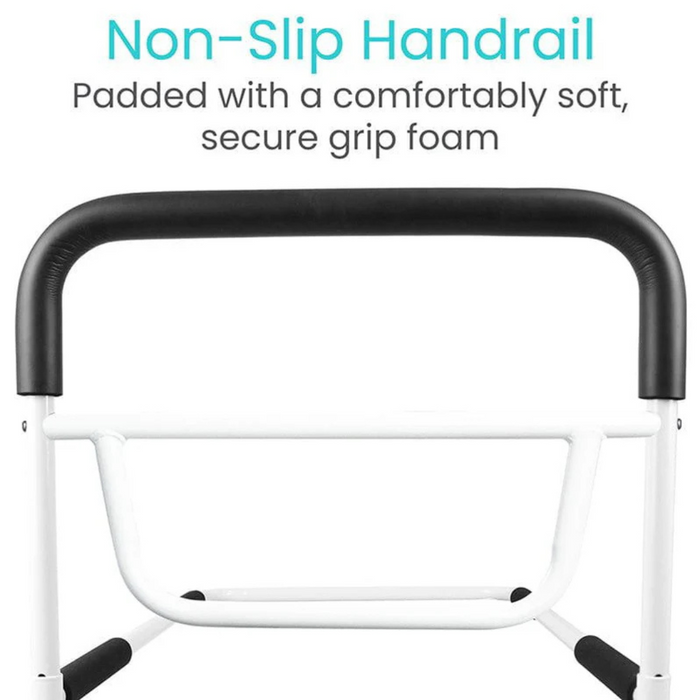 The Vive Health Bed Rail features a black and white design with a soft, non-slip foam grip. Attached to a white frame, it provides bedside assistance with adjustable height for enhanced stability.