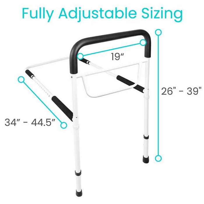 The Vive Health Bed Rail - Height Adjustable provides bedside assistance with a black grip handle, white frame, non-slip stability, adjustable height from 26 to 39 inches, length from 34 to 44.5 inches, and a width of 19 inches. The text above states Fully Adjustable Sizing.