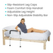 A woman sits on a bed using the Vive Health Bed Rail - Height Adjustable for assistance, showcasing its features: slip-resistant leg caps, foam comfort grip handrail, adjustable height legs, and a non-slip adjustable stability bar.