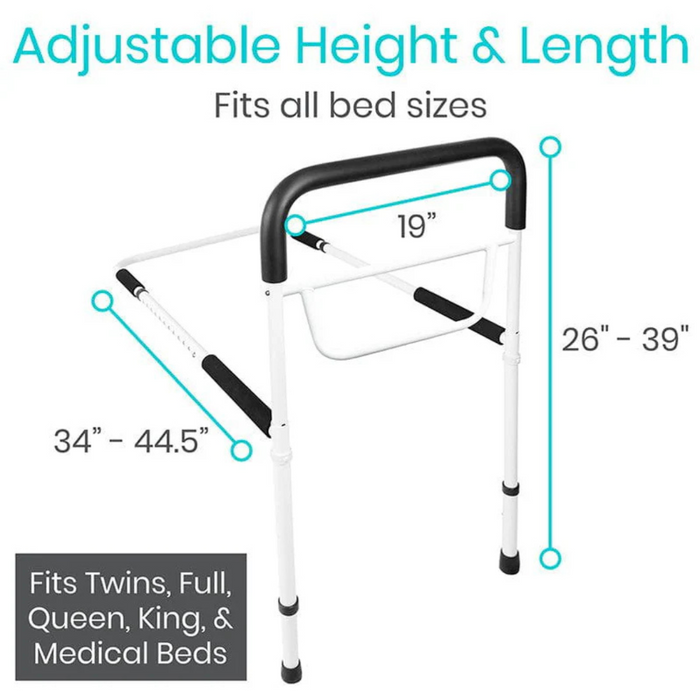 The Vive Health Bed Rail is height adjustable from 26 to 39 and extends in length from 34 to 44.5, providing bedside assistance for twin, full, queen, king, and medical beds with a supportive handle and non-slip stability.