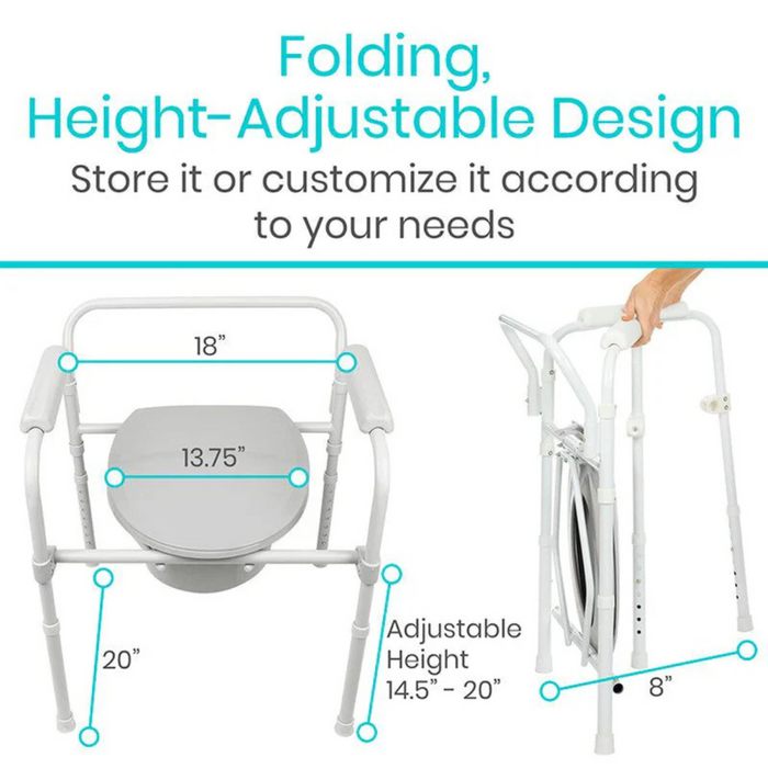 The Vive Health Folding Bedside Commode resembles a folding chair and is height-adjustable from 14.5 to 20 inches. It features a seat width of 13.75 inches, back width of 18 inches, and depth of 20 inches, with easy-fold design for convenience.