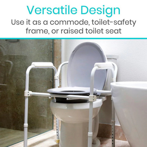 The Vive Health Folding Bedside Commode, featuring a white frame, offers a versatile design that serves as a commode, toilet-safety rail, or raised toilet seat.