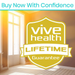 Sunlit room with a yellow shield logo reading Vive Health Lifetime Guarantee in the center. Enhance bathroom safety with our Vive Health Folding Bedside Commode, fitting over standard toilets. Text at the top: Buy Now With Confidence.