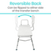 Image of the Vive Health Bathtub Transfer Bench in white, featuring a reversible backrest with a curved double-headed arrow. The bench has adjustable leg height and non-slip rubber caps. Text reads: Reversible Back - Can be flipped to either side of the transfer bench.