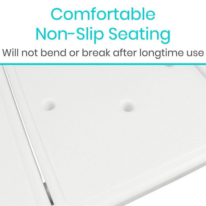 Close-up of a white, textured surface with small round indentations. The Vive Health Bathtub Transfer Bench features adjustable leg height for stability and wont bend or break over time. Durability and an anti-slip design are key in its construction.