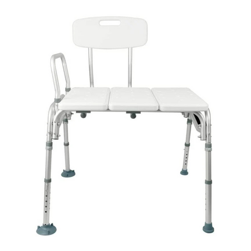 The Vive Health Bathtub Transfer Bench is white with adjustable leg height, seat, backrest, and armrest. Its non-slip feet provide stability, assisting individuals in safely transferring in and out of the bathtub.