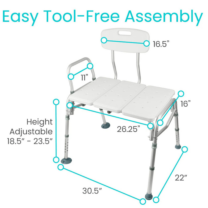 An assembly diagram for the Vive Health Bathtub Transfer Bench, a white shower chair with adjustable leg height from 18.5 to 23.5 inches and a length of 30.5 inches, featuring non-slip rubber caps for stability on the seat and backrest.