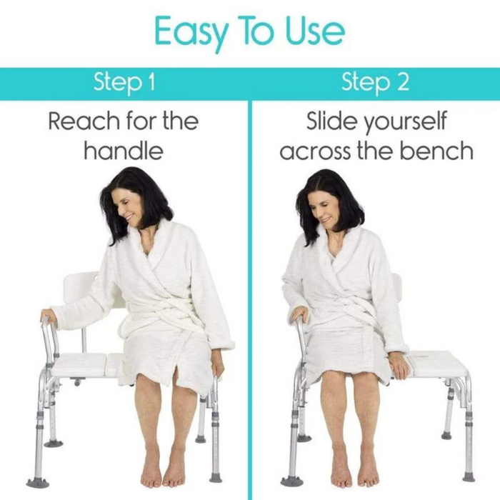 A woman in a white robe demonstrates the Vive Health Bathtub Transfer Bench: Step 1: She reaches for the handle. Step 2: She smoothly slides across the bench. The image is captioned Easy to Use for Bathroom Safety.