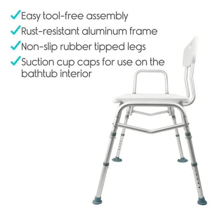 The Vive Health Bathtub Transfer Bench features a white seat and backrest on a rust-resistant aluminum frame. It offers adjustable tub fit, non-slip rubber legs with suction cup caps for stability, and tool-free assembly, ensuring suitability for bathtub use.