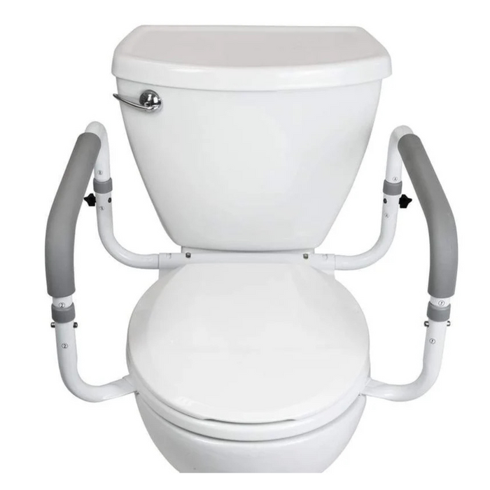 The Vive Health Compact Toilet Safety Frame includes white adjustable support arms with non-slip gray padding for a comfortable grip, enhancing bathroom safety. This design features a standard tank at the back to provide stability and assistance.