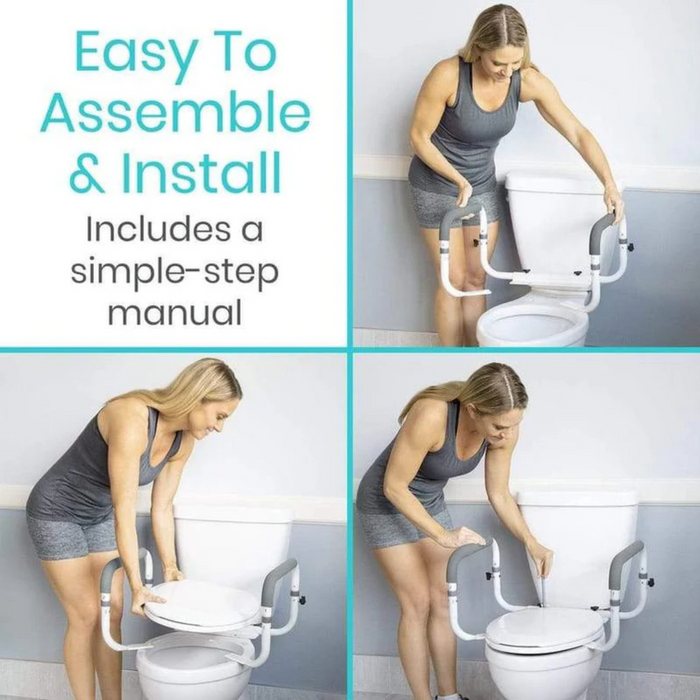 A woman shows how to assemble and install the Vive Health Compact Toilet Safety Frame with Comfort Grip Rails in three steps for improved bathroom safety, highlighting its non-slip grip. The text reads: Easy to Assemble & Install, Includes a simple-step manual.