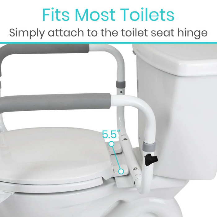 The Vive Health Compact Toilet Safety Frame with Comfort Grip Rails is shown attached to a standard toilet, improving bathroom safety. It features adjustable handrails with non-slip gray grips and is 5.5 inches wide at the hinge attachment point. Text reads Fits Most Toilets.