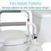 The Vive Health Compact Toilet Safety Frame with Comfort Grip Rails is shown attached to a standard toilet, improving bathroom safety. It features adjustable handrails with non-slip gray grips and is 5.5 inches wide at the hinge attachment point. Text reads Fits Most Toilets.