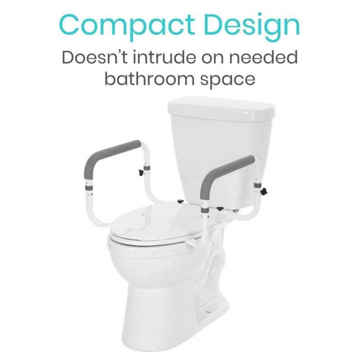 The Vive Health Compact Toilet Safety Frame includes adjustable, non-slip comfort grip rails on both sides. Its compact design saves space and enhances bathroom safety.