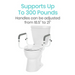 The Vive Health Compact Toilet Safety Frame with Comfort Grip Rails is shown, featuring white adjustable handrails for safety. Text above reads, Supports up to 300 pounds. Handles adjust from 18.5 inches to 21 inches for enhanced bathroom safety.