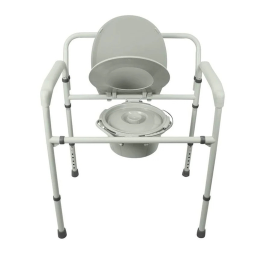 The Vive Health Freestanding Bariatric Steel Bedside Commode, with a 500 lb capacity, is shown in grey. It features a portable design with a seat cover, detachable bucket, adjustable legs with rubber tips for stability, sturdy armrests for support, and an elevated riser ensuring comfort and safety.