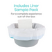 A Vive Health Freestanding Bariatric Steel Bedside Commode in gray with a white liner is shown, featuring a liner sample pack and an elevated seat riser. The text above states, Includes Liner Sample Pack for a complete experience out-of-the-box.