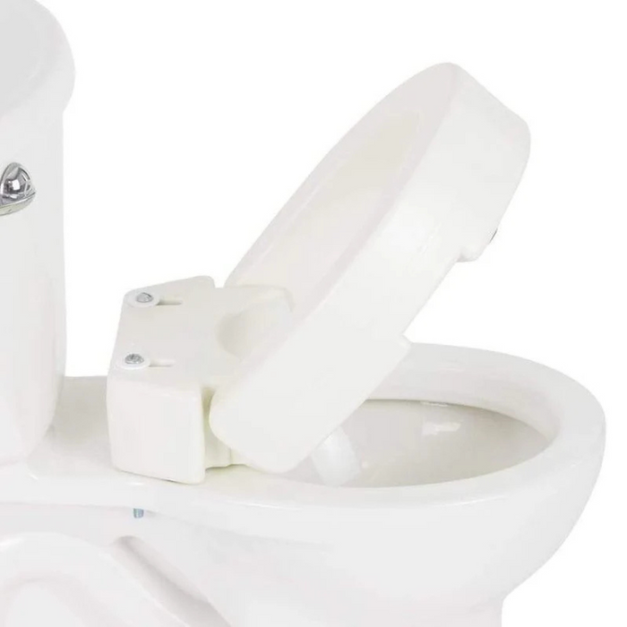 The Vive Health Hinged Toilet Seat Riser, a white toilet seat with a soft-close mechanism and easy installation hinges, raises the seat by 3.5 inches for added bathroom safety while the bowl and tank remain visible.