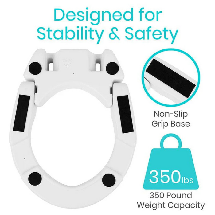 The Vive Health Hinged Toilet Seat Riser adds 3.5, featuring stability and safety with a non-slip grip base and an impressive 350-pound weight capacity, ensuring peace of mind with hassle-free installation.