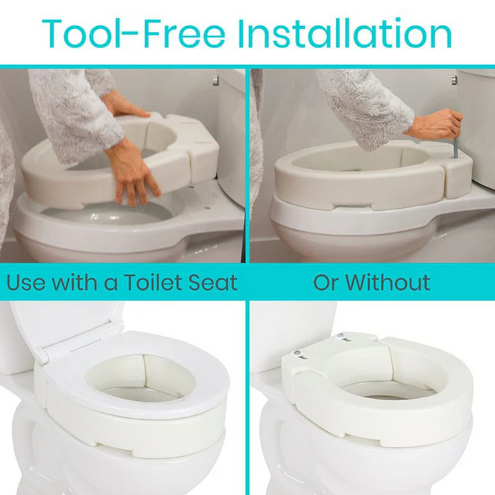 A person in a robe installs the Vive Health Hinged Toilet Seat Riser, a sturdy composite seat riser demonstrating tool-free installation. The top row shows attaching and securing the seat, while the bottom row highlights this convenient bathroom safety solution with or without a regular toilet seat.