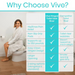 A woman sits on the Vive Health Hinged Toilet Seat Riser, showcasing its durability and bathroom safety features. This riser supports up to 350 pounds, provides pain relief, has non-slip pads, a large opening for easy cleaning, and is available in two sizes.