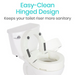 Image of a toilet with the Vive Health Hinged Toilet Seat Riser, 3.5 rise, featuring a sanitary easy-clean hinged design for bathroom safety. The lid and seat are shown upright. Text above reads: Easy-Clean Hinged Design - A sanitary and easy installation bathroom safety solution.