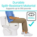 A person in a blue shirt and khaki pants uses the Vive Health Hinged Toilet Seat Riser, highlighting bathroom safety. Text states Durable Split-Resistant Composite Material - Supports up to 350 pounds, with an image of a scale and checkmark.