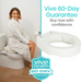 A woman in a fluffy robe sits on a toilet with the Vive Health Hinged Toilet Seat Riser, adding 3.5 and made of durable composite material. Text reads: Vive 60-Day Guarantee. Buy now with confidence. The seat to the right features the Bathroom Safety Solution badge below.