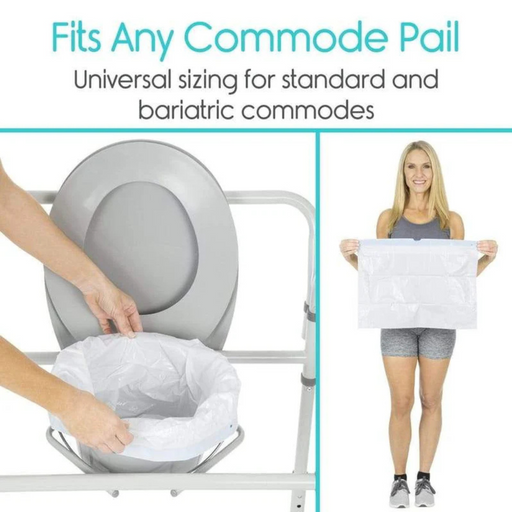 The left shows a Vive Health gray commode equipped with a white liner. On the right, a woman in athletic attire displays a sanitary disposable liner. Text above states: Vive Health Commode Liners: Universal sizing fits any standard or bariatric commode.