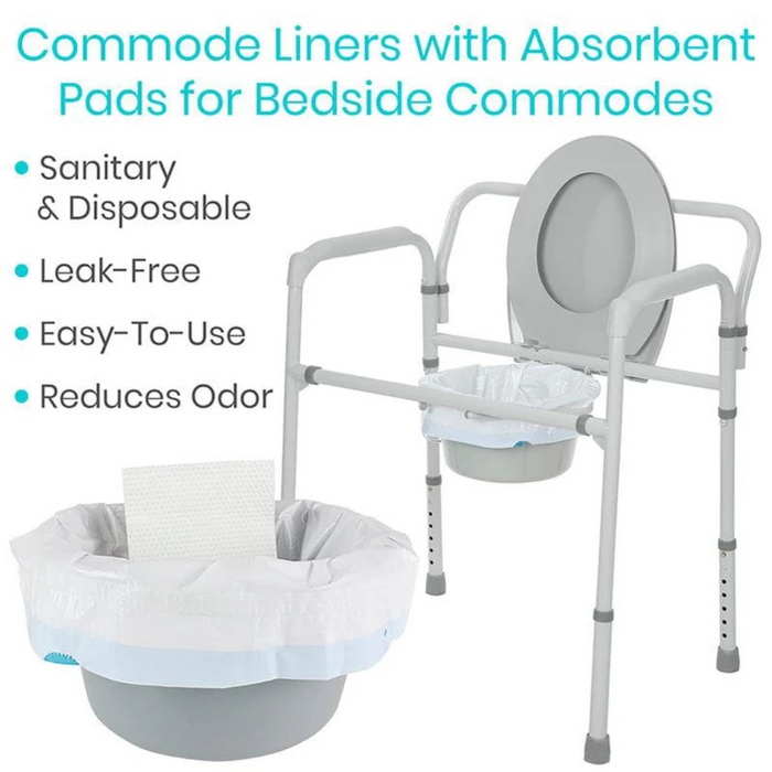 Image of Vive Health Commode Liners with Super Absorbent Pads. Features include: sanitary disposable liner, universal fit, leak-free design, easy-to-use functionality, and odor reduction.