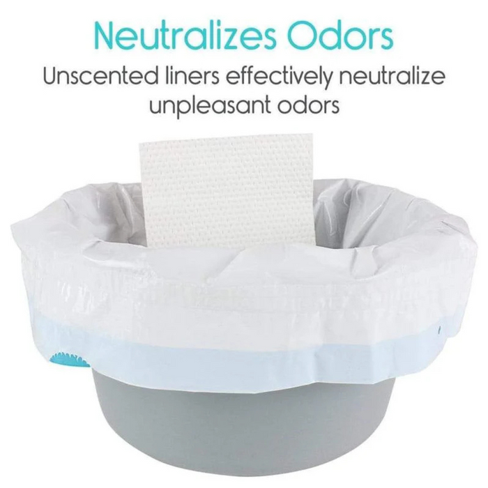 A white Vive Health Commode Liner with a textured, super-absorbent pad is placed in a gray container. Text above states, Neutralizes Odors, highlighting the universal fit unscented liners that effectively neutralize unpleasant odors.