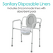 Image of a white commode chair with armrests featuring a removable bowl. Text above reads, Vive Health Commode Liners with Super Absorbent Pads - Includes 24 sanitary disposable liners with universal fit.