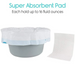 Image of a Vive Health Commode Liner with a super absorbent pad designed for universal fit. The gray travel potty is shown with the liner beside it, and text above reads Super Absorbent Pad: Each holds up to 16 fluid ounces.